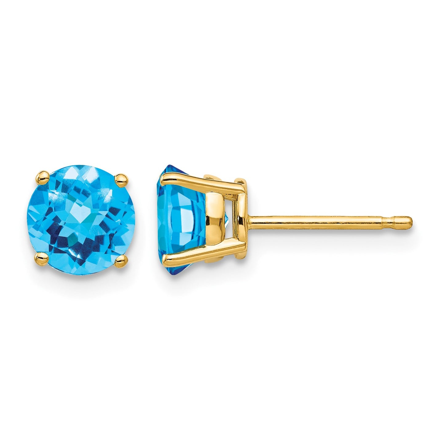 14k 6mm Round Checker-cut Blue Topaz Post Earrings