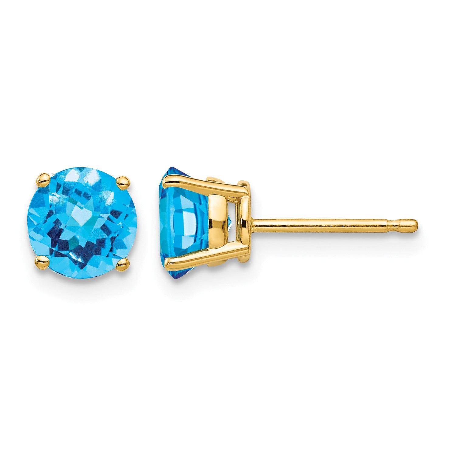 14k 6mm Round Checker-cut Blue Topaz Post Earrings