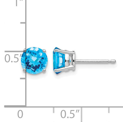 14k White Gold 6mm Round Checker-cut Blue Topaz Post Earrings
