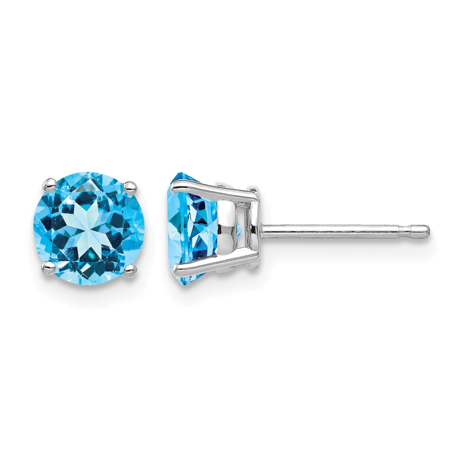 14k White Gold 6mm Round Blue Topaz Post Earrings