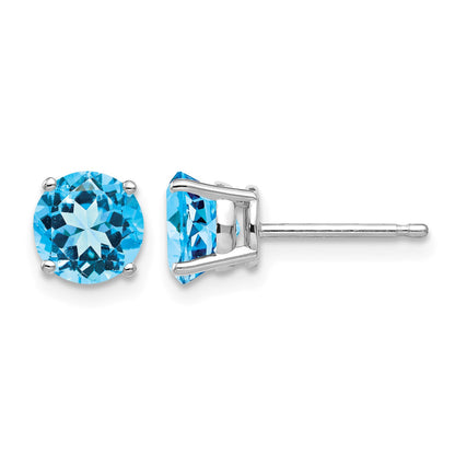 14k White Gold 6mm Round Blue Topaz Post Earrings