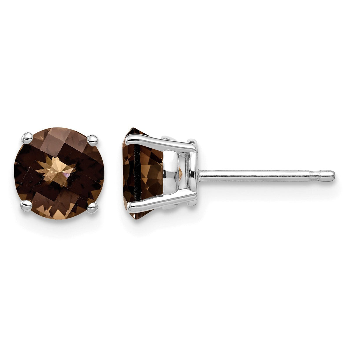 14k White Gold 6mm Round Checker-cut Smoky Quartz Post Earrings