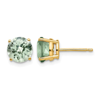 14k 7mm Round Checker-Cut Green Quartz Post Earrings