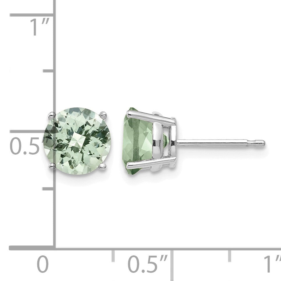 14k White Gold 7mm Round Checker-Cut Green Quartz Post Earrings