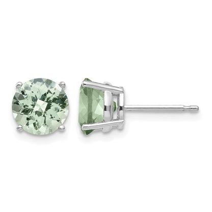 14k White Gold 7mm Round Checker-Cut Green Quartz Post Earrings