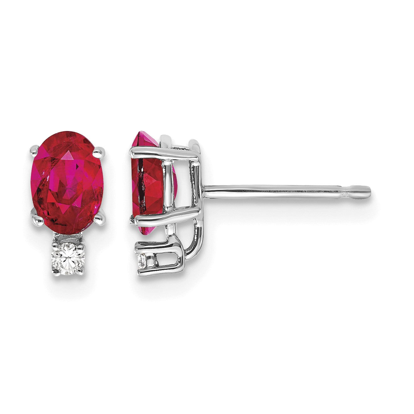 14k White Gold 6x4mm Oval Ruby and AA Quality Diamond Post Earrings