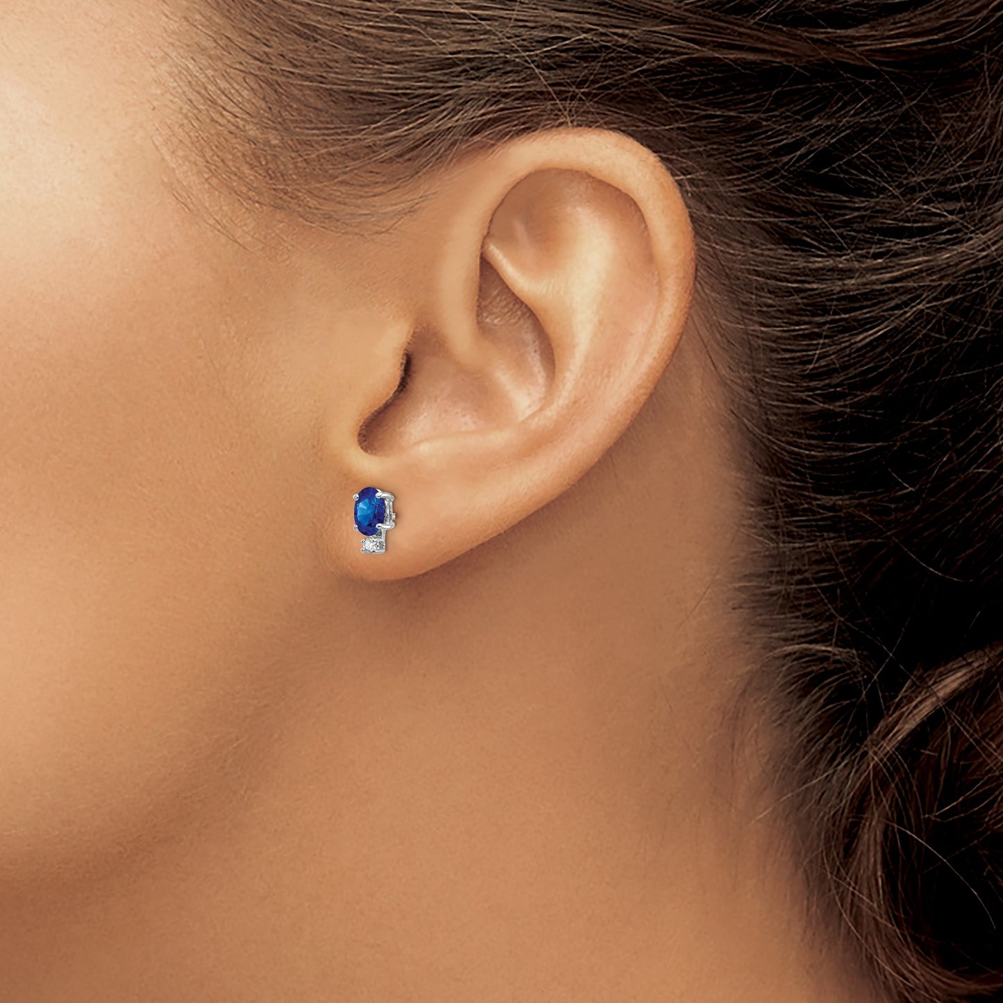 14k White Gold 6x4mm Oval Sapphire and AA Quality Diamond Post Earrings