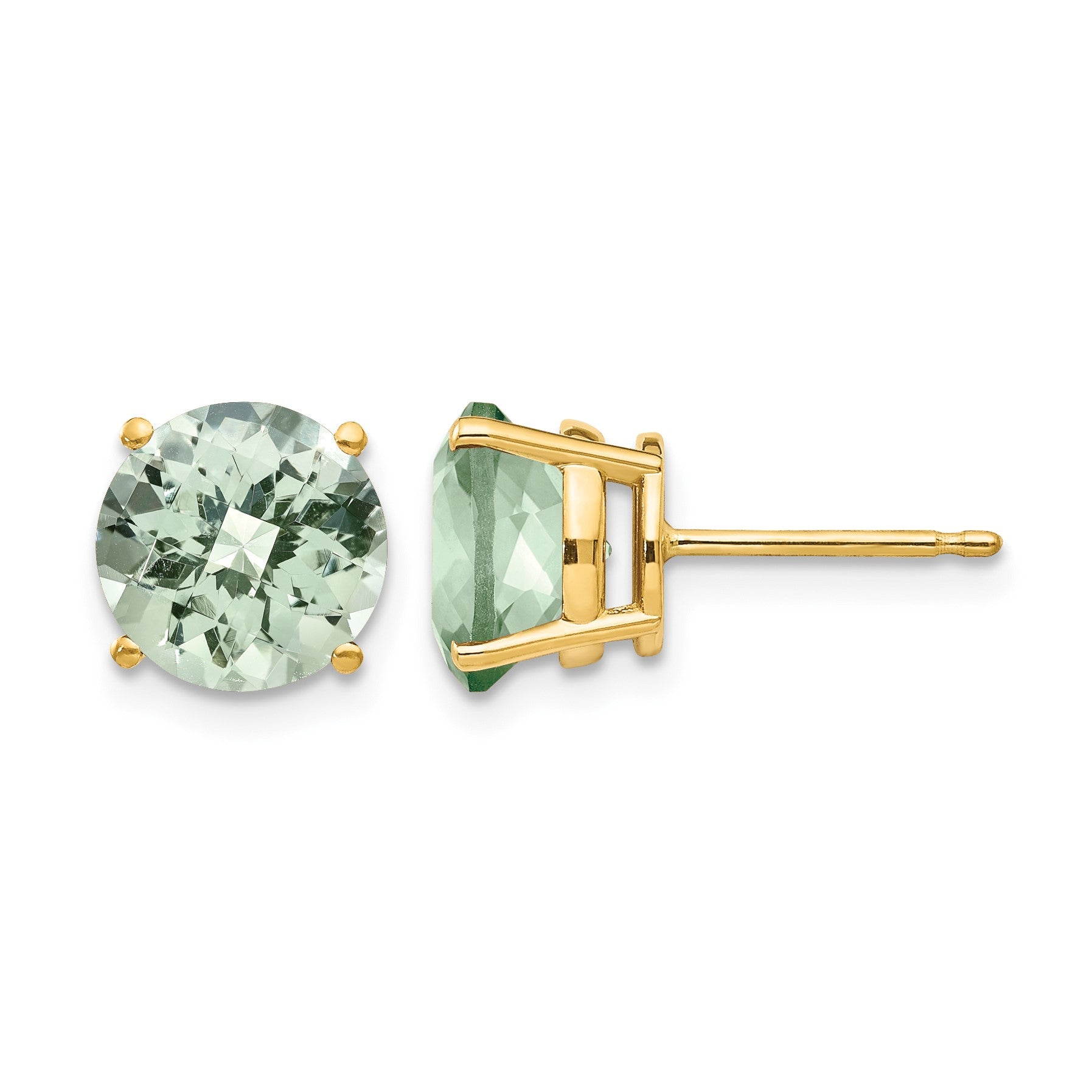 14k 8mm Round Checker-Cut Green Quartz Post Earrings