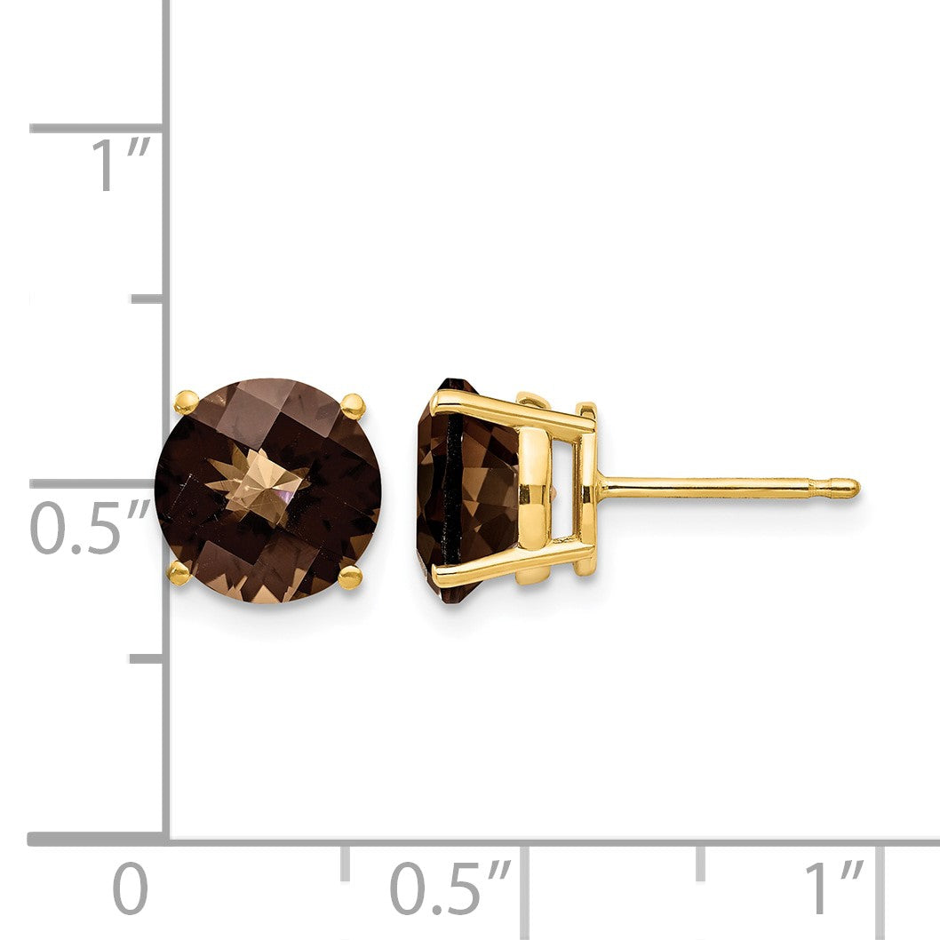 14k 8mm Round Checker-Cut Smoky Quartz Post Earrings