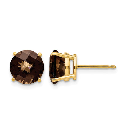 14k 8mm Round Checker-Cut Smoky Quartz Post Earrings