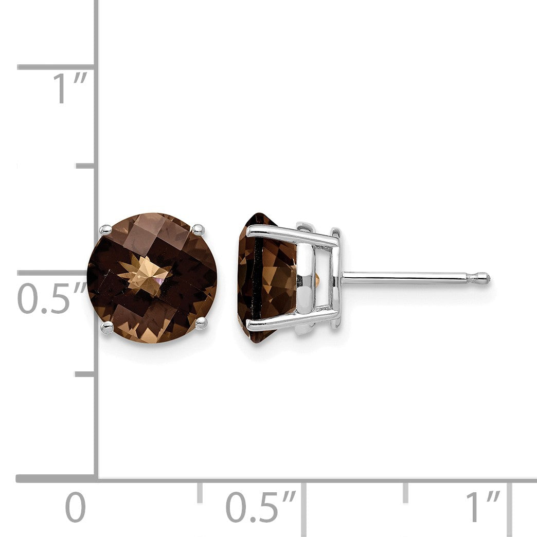 14k White Gold 8mm Round Checker-Cut Smoky Quartz Post Earrings