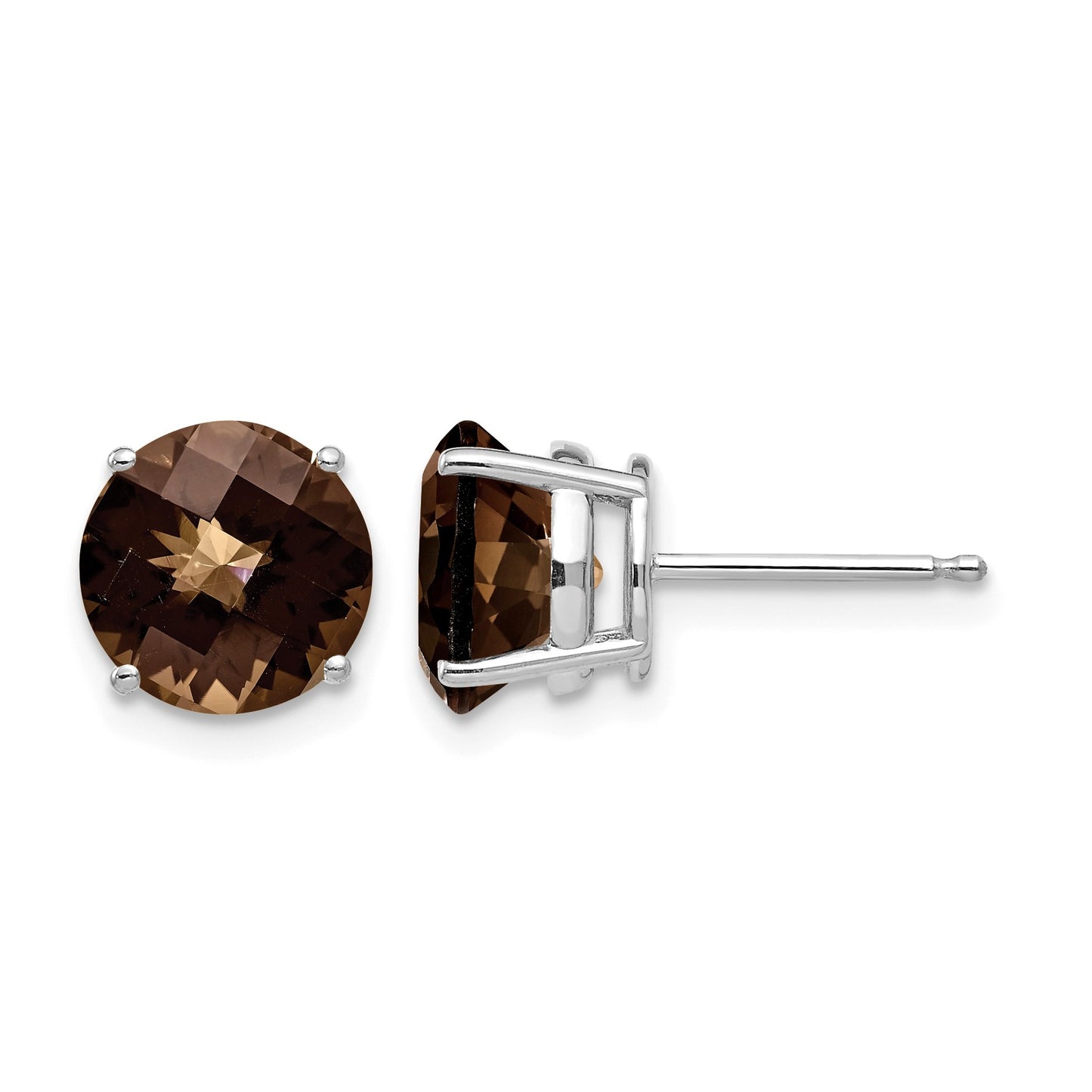 14k White Gold 8mm Round Checker-Cut Smoky Quartz Post Earrings