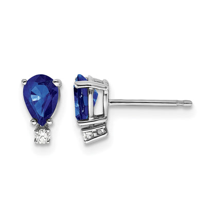 14k White Gold 6x4mm Pear Sapphire and AA Quality Diamond Post Earrings