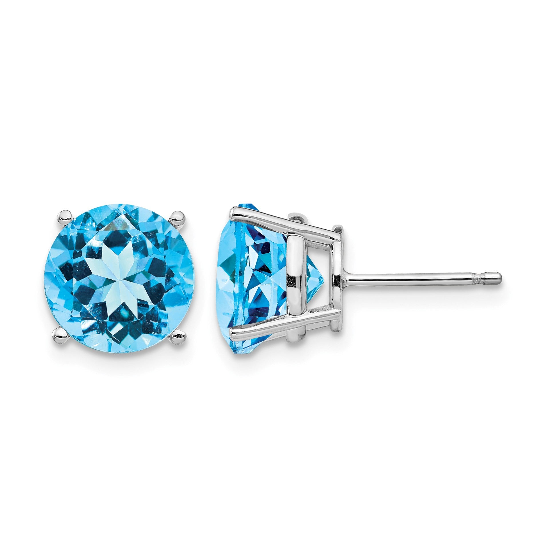 14k White Gold 9mm Round Blue Topaz Post Earrings