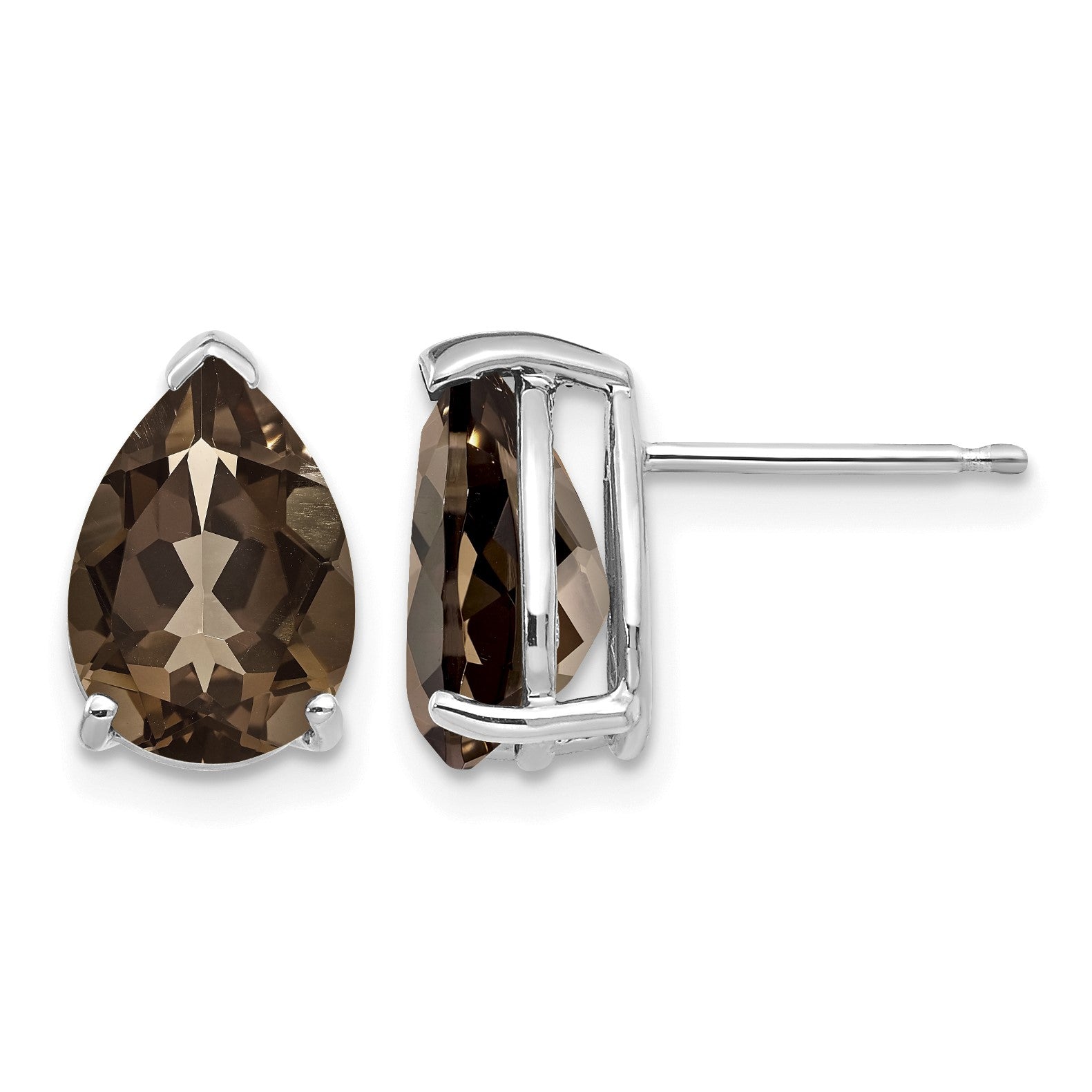 14k White Gold 10x7mm Pear Smoky Quartz Post Earrings
