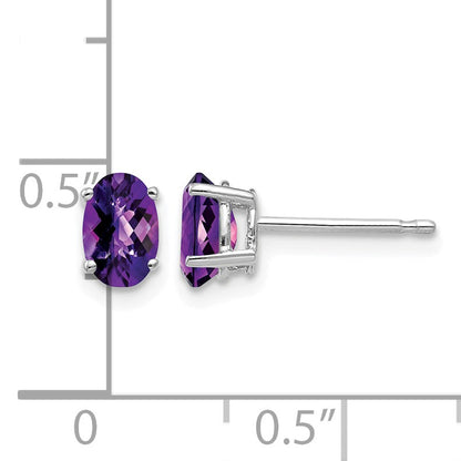 14k White Gold 6x4mm Oval Checker-cut Amethyst Post Earrings