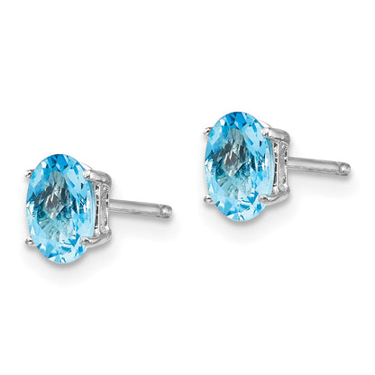 14k White Gold 6x4mm Oval Checker-cut Blue Topaz Post Earrings