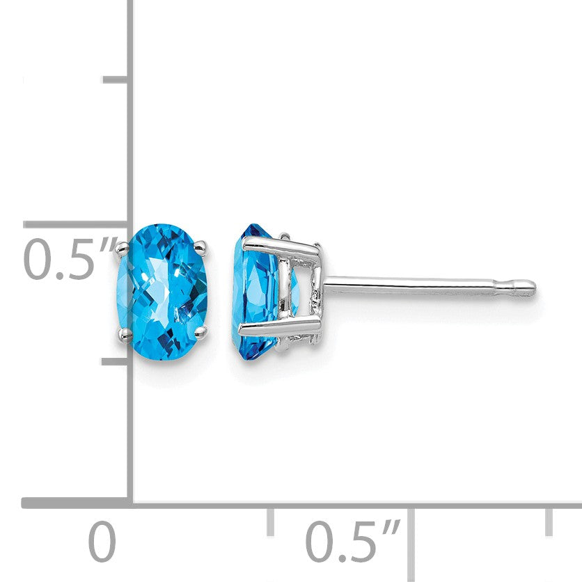 14k White Gold 6x4mm Oval Checker-cut Blue Topaz Post Earrings