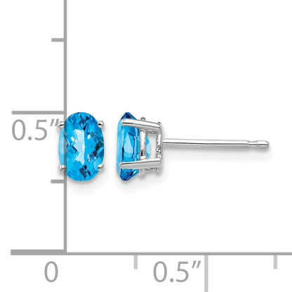 14k White Gold 6x4mm Oval Checker-cut Blue Topaz Post Earrings