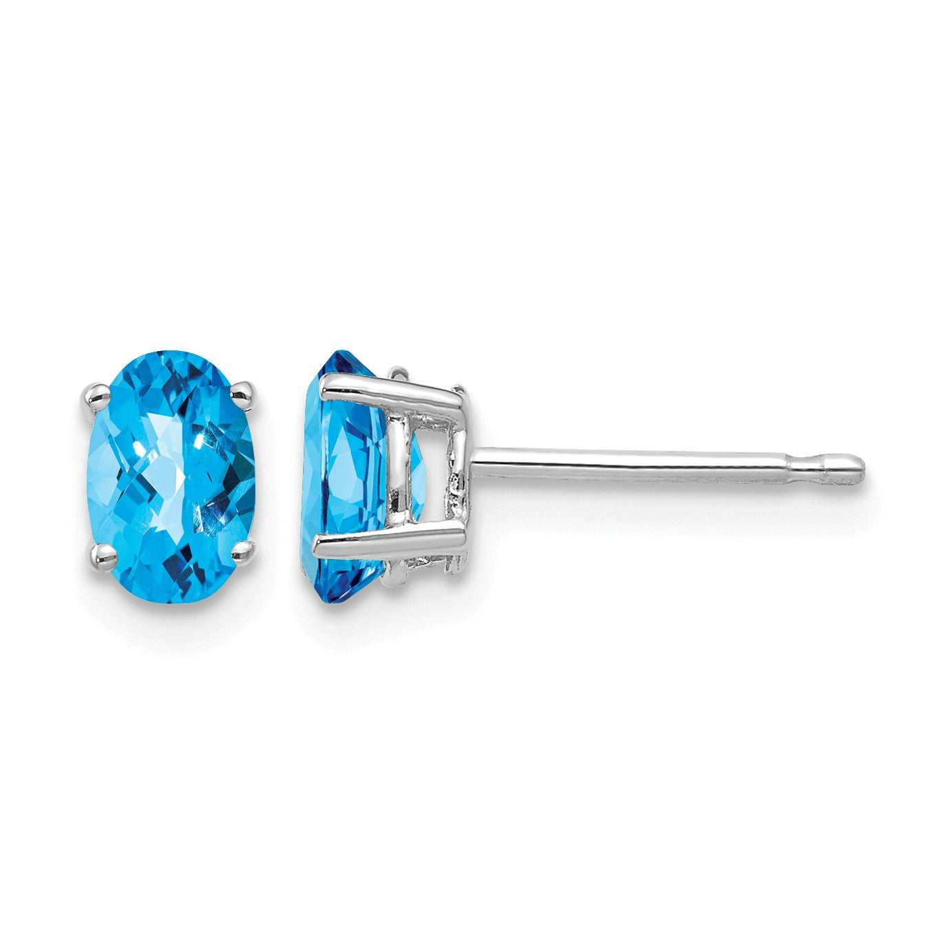 14k White Gold 6x4mm Oval Checker-cut Blue Topaz Post Earrings