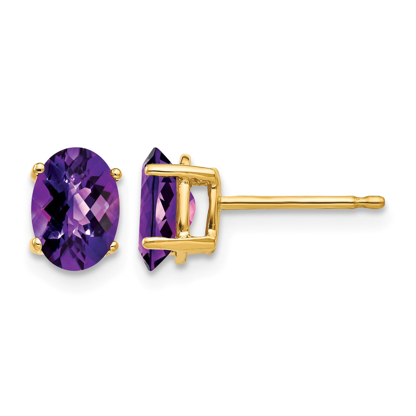 14k 7x5mm Oval Checker-cut Amethyst Post Earrings