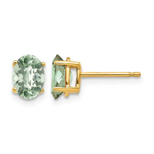 14k 7x5mm Oval Checker-Cut Green Quartz Post Earrings