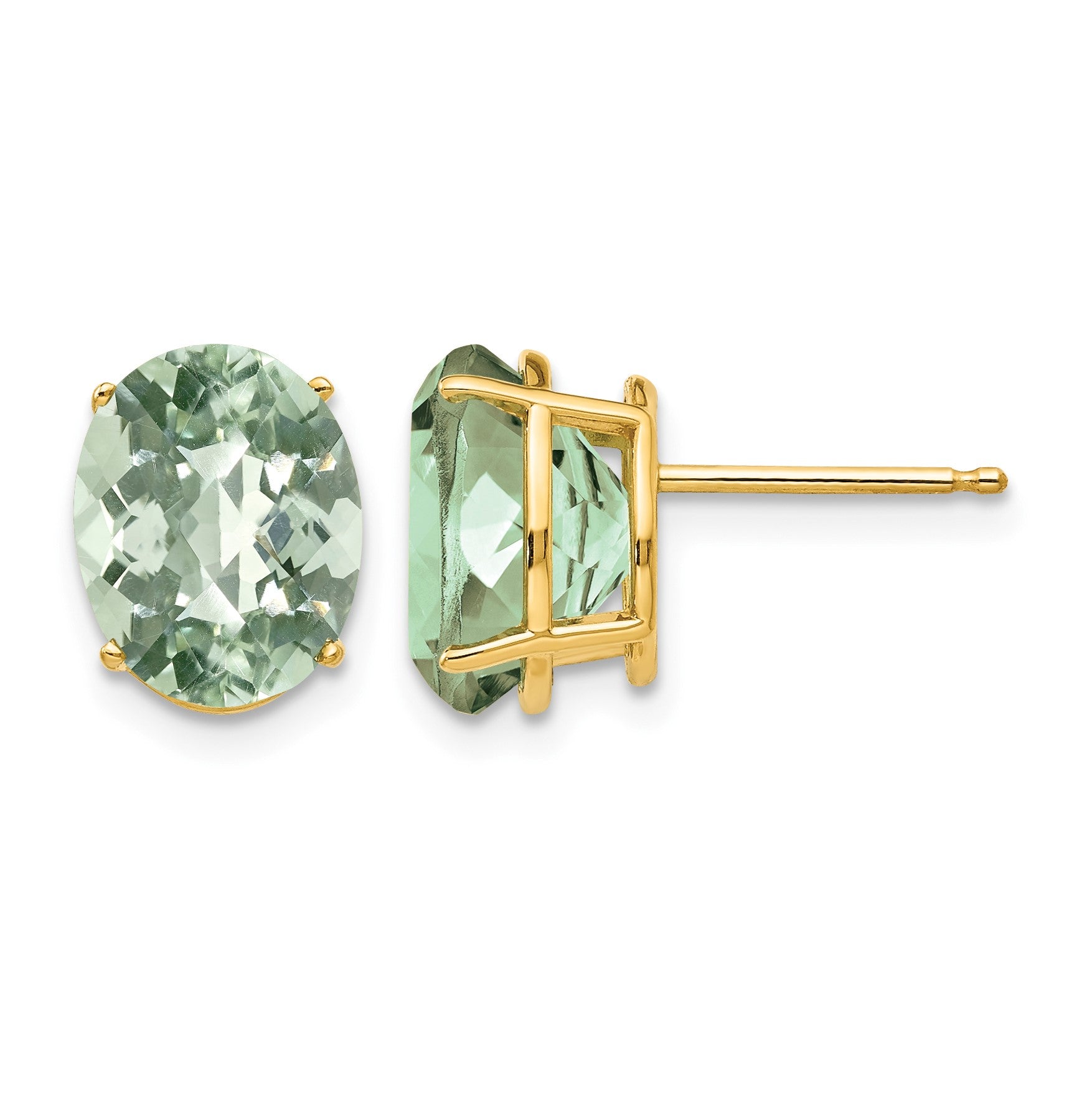 14k 10x8mm Oval Checker-Cut Green Quartz Post Earrings