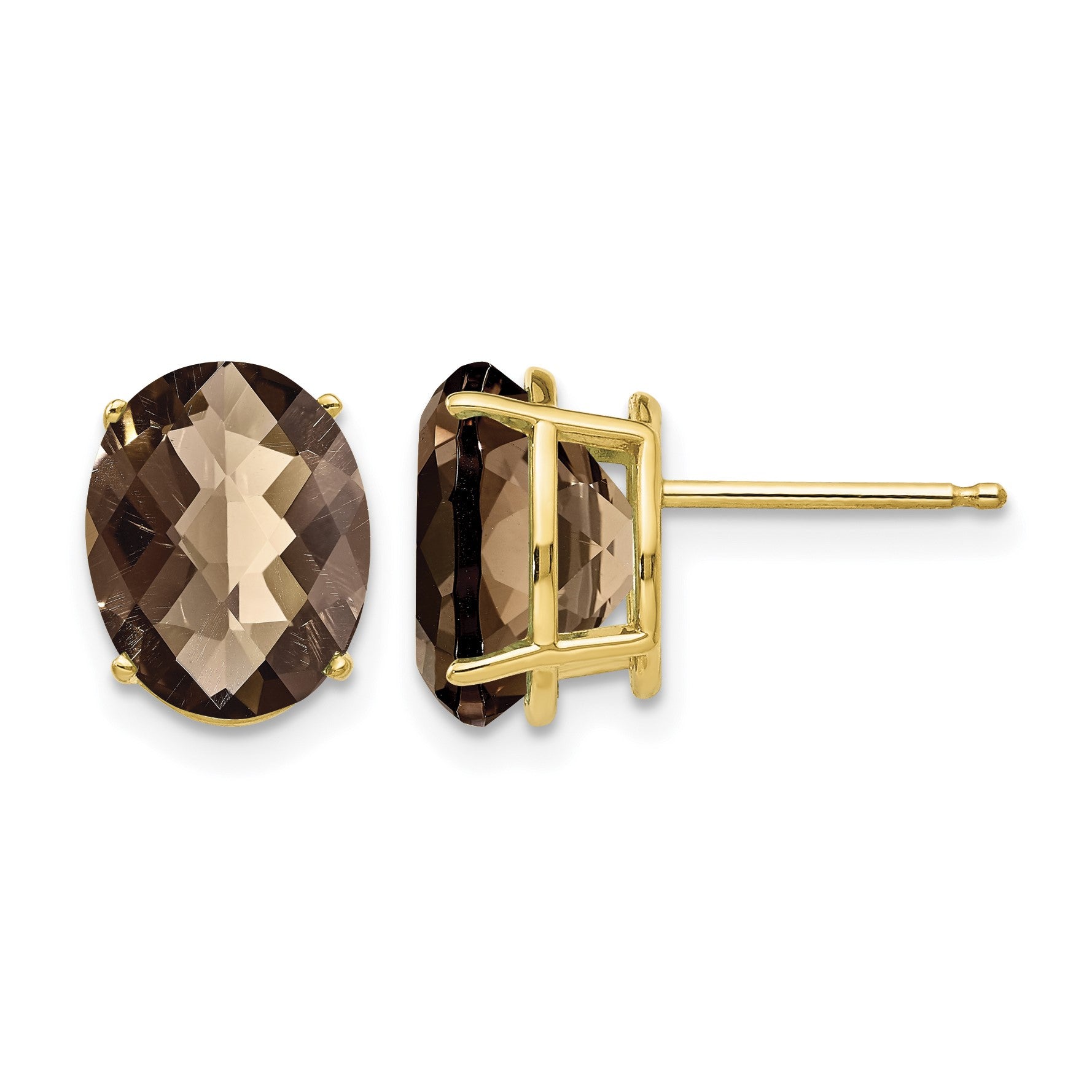 14k 10x8mm Oval Checker-Cut Smoky Quartz Post Earrings
