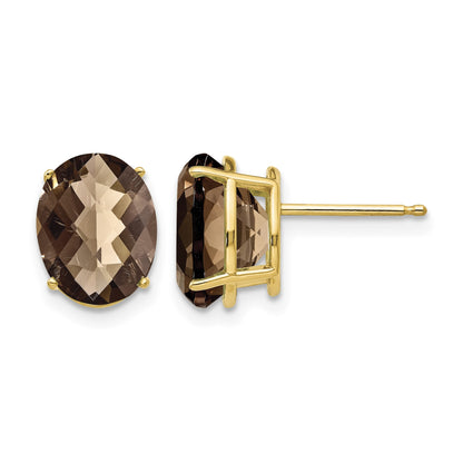14k 10x8mm Oval Checker-Cut Smoky Quartz Post Earrings