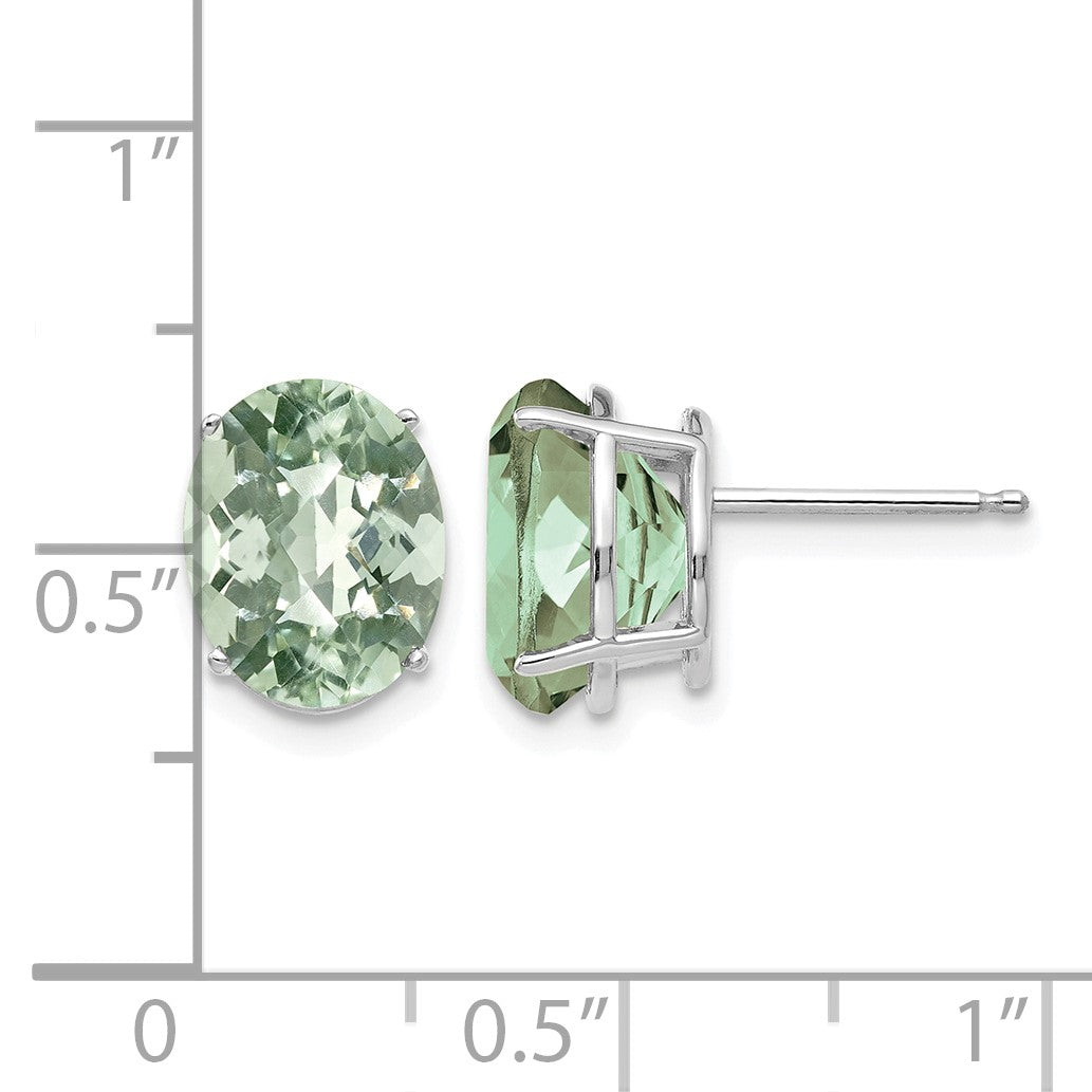 14k White Gold 10x8mm Oval Checker-Cut Green Quartz Post Earrings