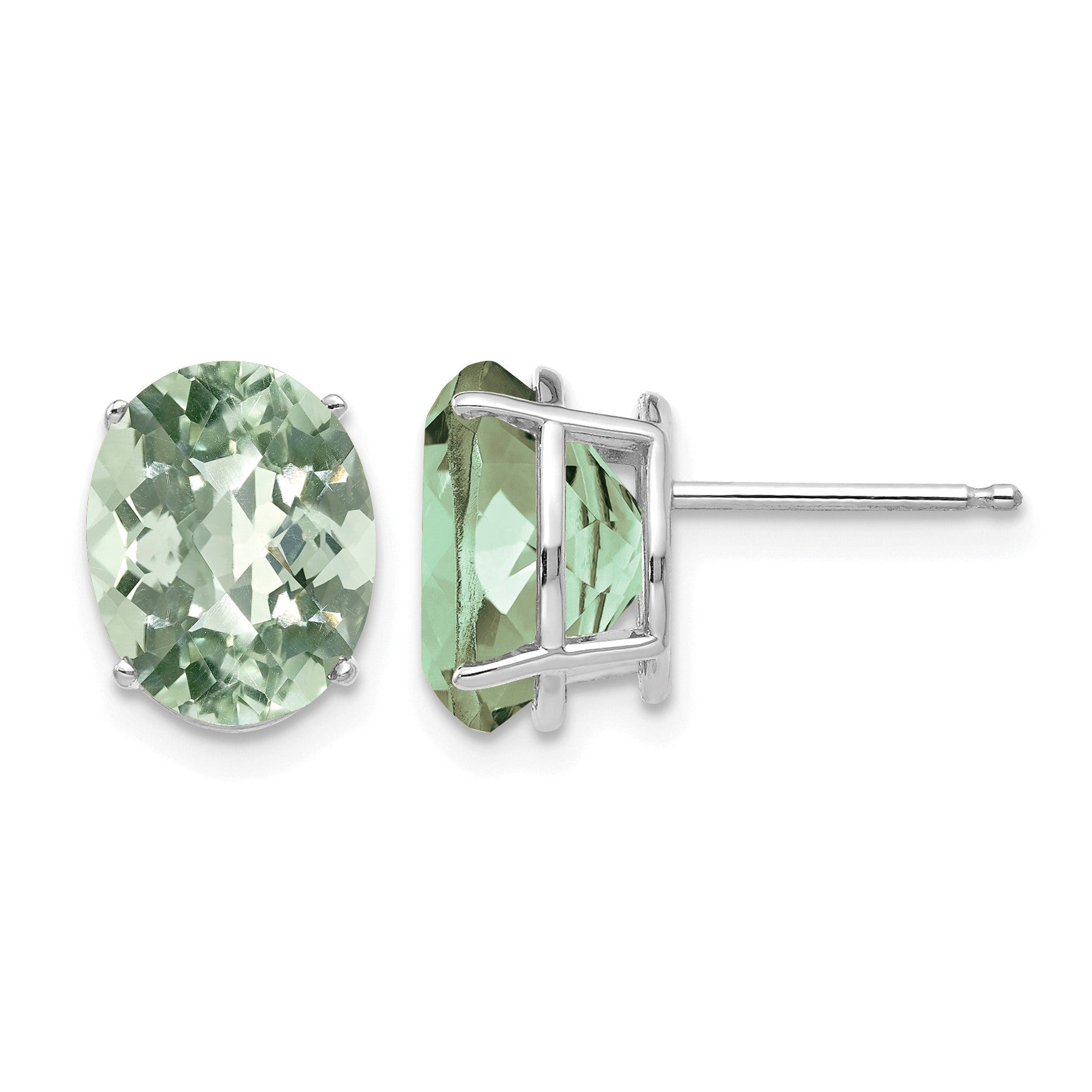 14k White Gold 10x8mm Oval Checker-Cut Green Quartz Post Earrings