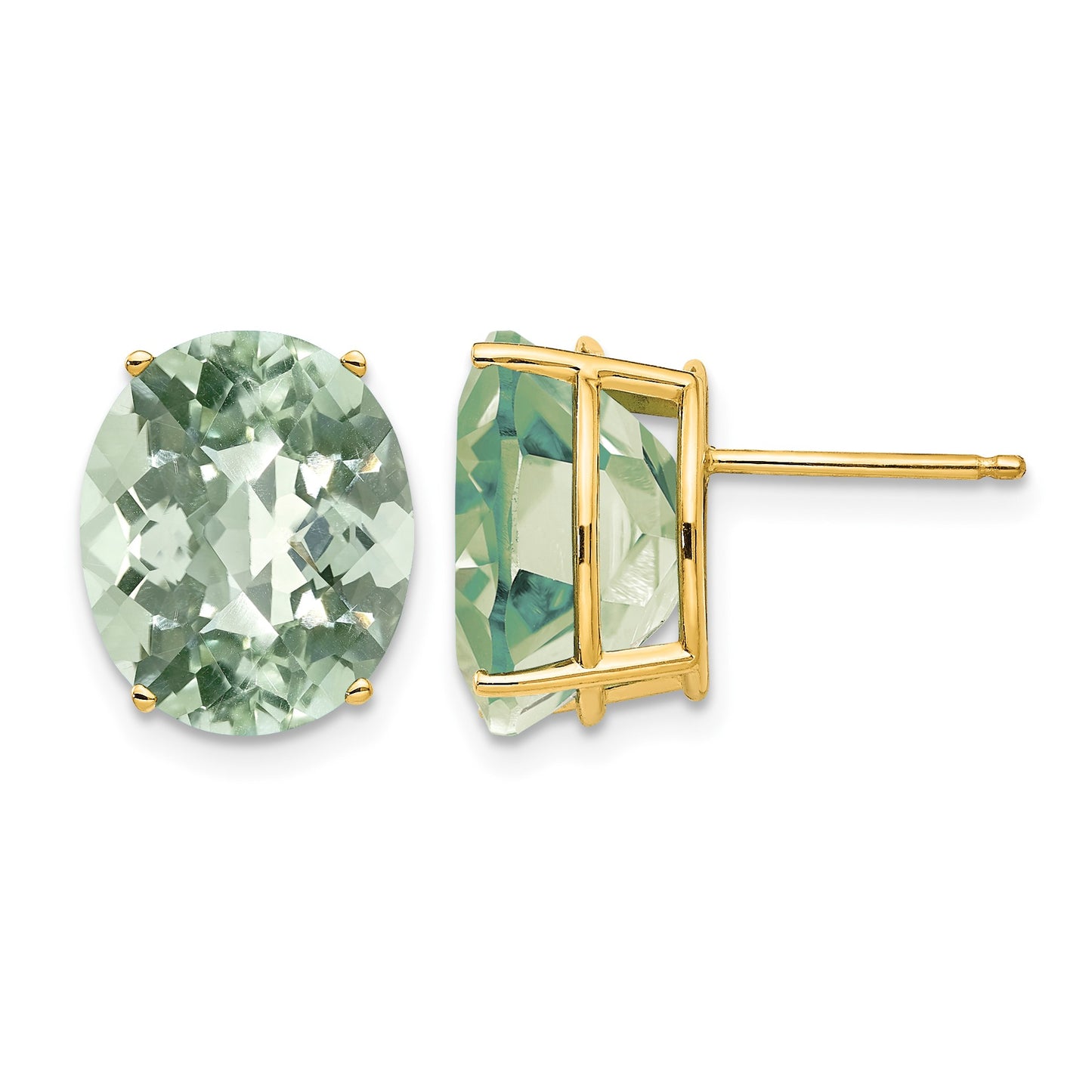 14k 12x10mm Oval Checker-Cut Green Quartz Post Earrings