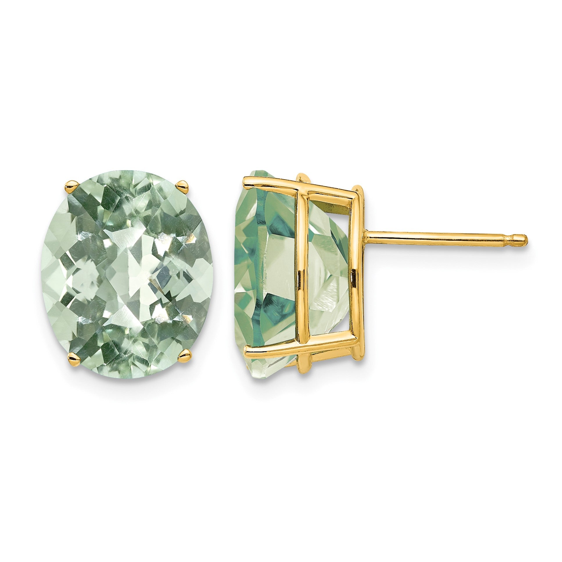 14k 12x10mm Oval Checker-Cut Green Quartz Post Earrings
