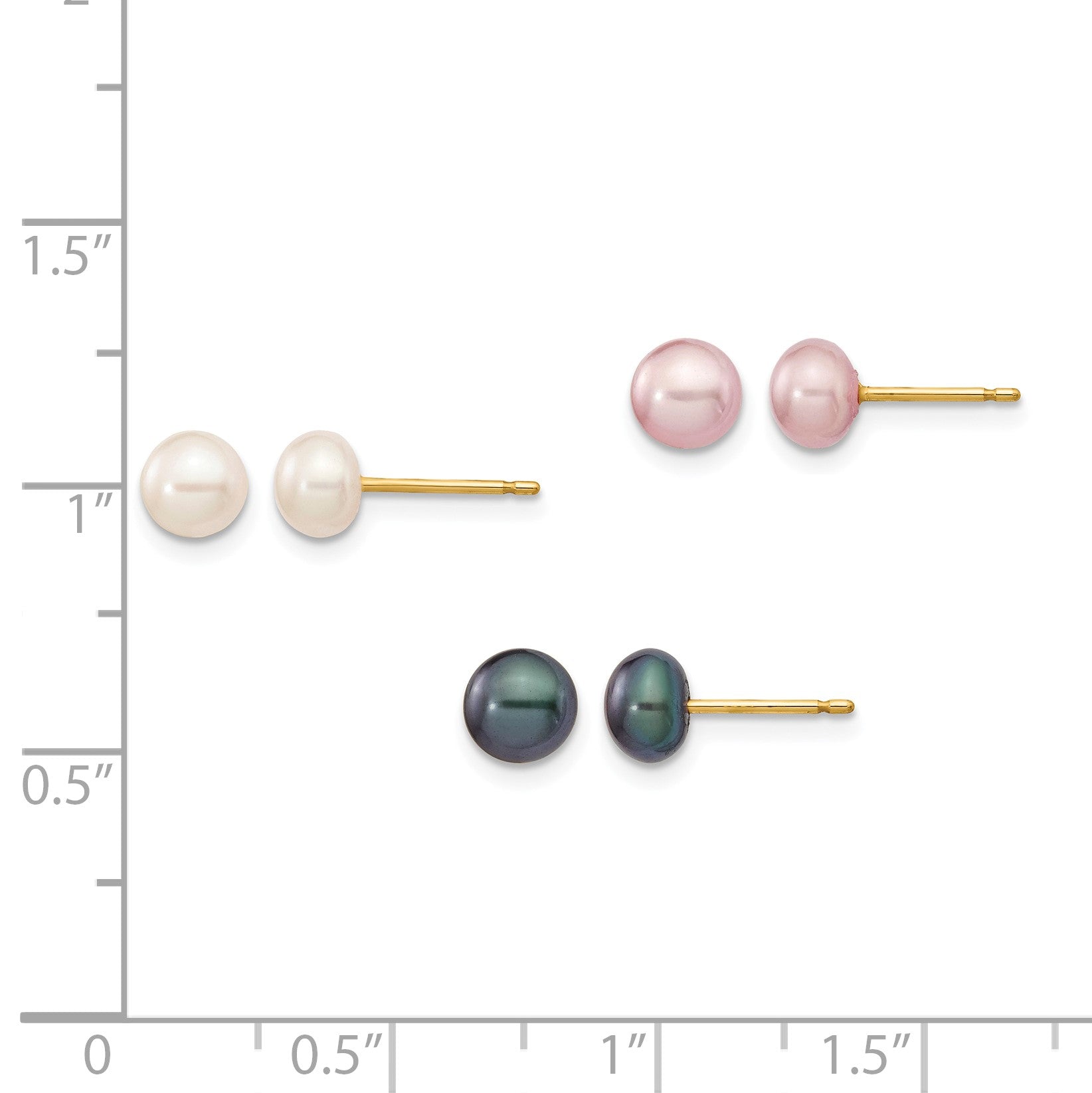 14k 5-6mm Multicolor Button Freshwater Cultured Pearl Boxed 3 Pair Post Earrings Set