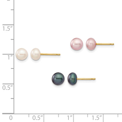 14k 5-6mm Multicolor Button Freshwater Cultured Pearl Boxed 3 Pair Post Earrings Set