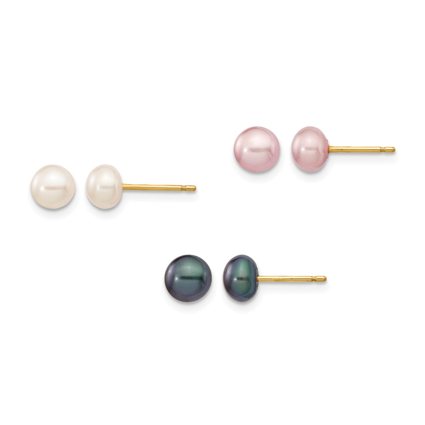 14k 5-6mm Multicolor Button Freshwater Cultured Pearl Boxed 3 Pair Post Earrings Set