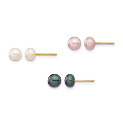 14k 5-6mm Multicolor Button Freshwater Cultured Pearl Boxed 3 Pair Post Earrings Set