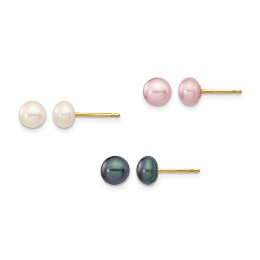 14k 5-6mm Multicolor Button Freshwater Cultured Pearl Boxed 3 Pair Post Earrings Set