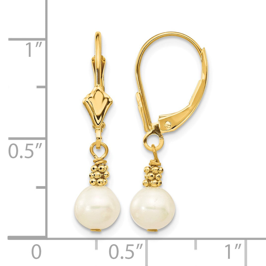 14k 5-6mm White Semi-round Freshwater Cultured Pearl Dangle Leverback Earrings