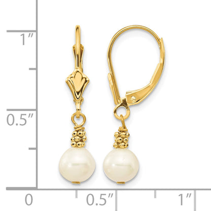 14k 5-6mm White Semi-round Freshwater Cultured Pearl Dangle Leverback Earrings