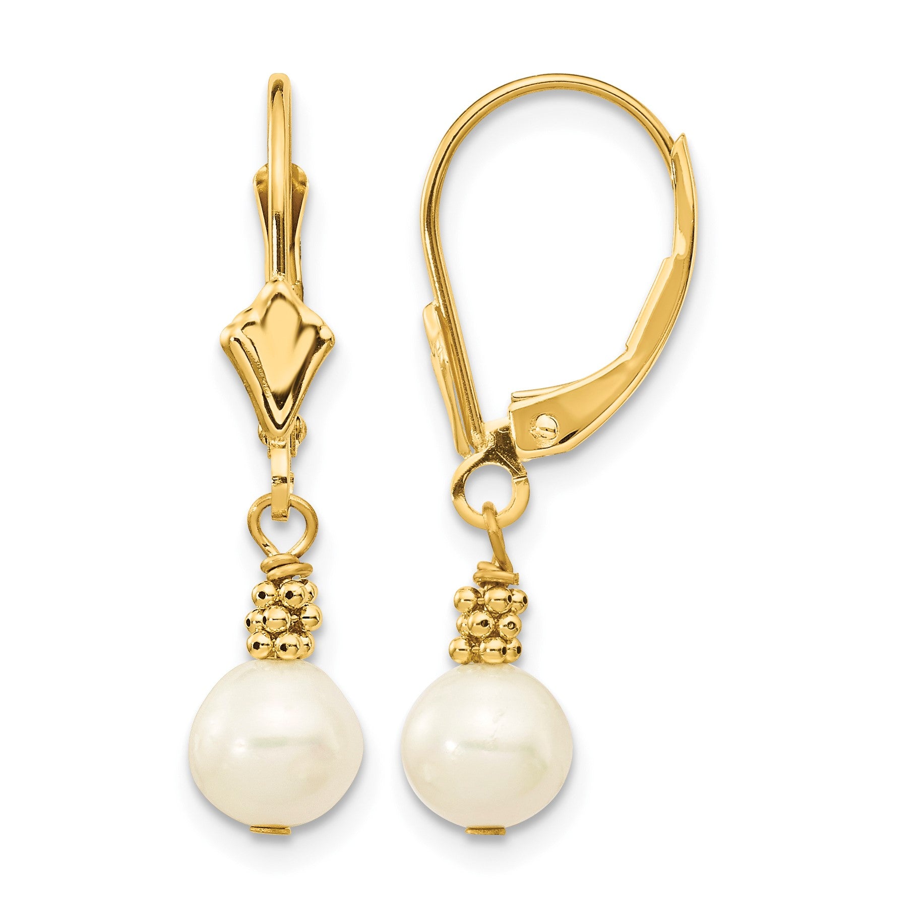 14k 5-6mm White Semi-round Freshwater Cultured Pearl Dangle Leverback Earrings