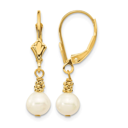 14k 5-6mm White Semi-round Freshwater Cultured Pearl Dangle Leverback Earrings