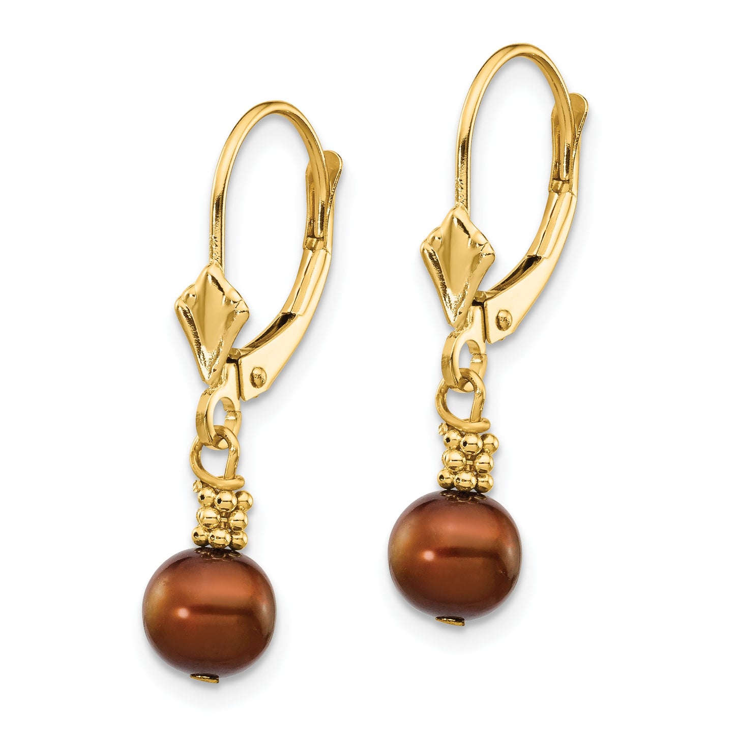 14k 5-6mm Brown Semi-round Freshwater Cultured Pearl Dangle Leverback Earrings