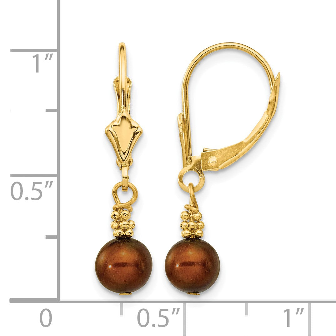 14k 5-6mm Brown Semi-round Freshwater Cultured Pearl Dangle Leverback Earrings