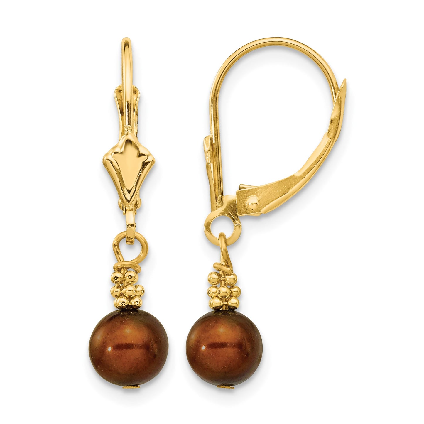 14k 5-6mm Brown Semi-round Freshwater Cultured Pearl Dangle Leverback Earrings