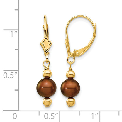 14k 5-6mm Brown Semi-round Freshwater Cultured Pearl Dangle Leverback Earrings