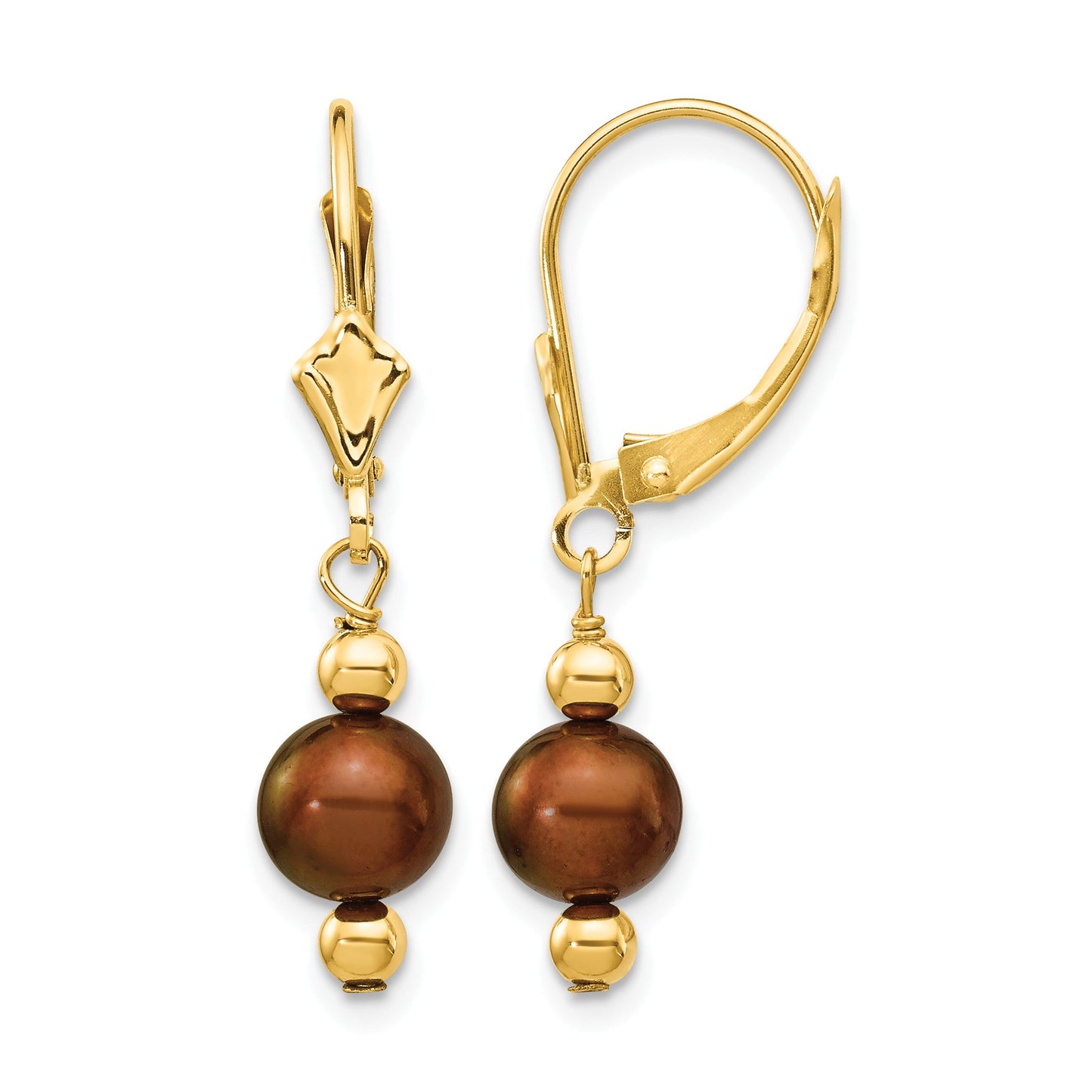 14k 5-6mm Brown Semi-round Freshwater Cultured Pearl Dangle Leverback Earrings