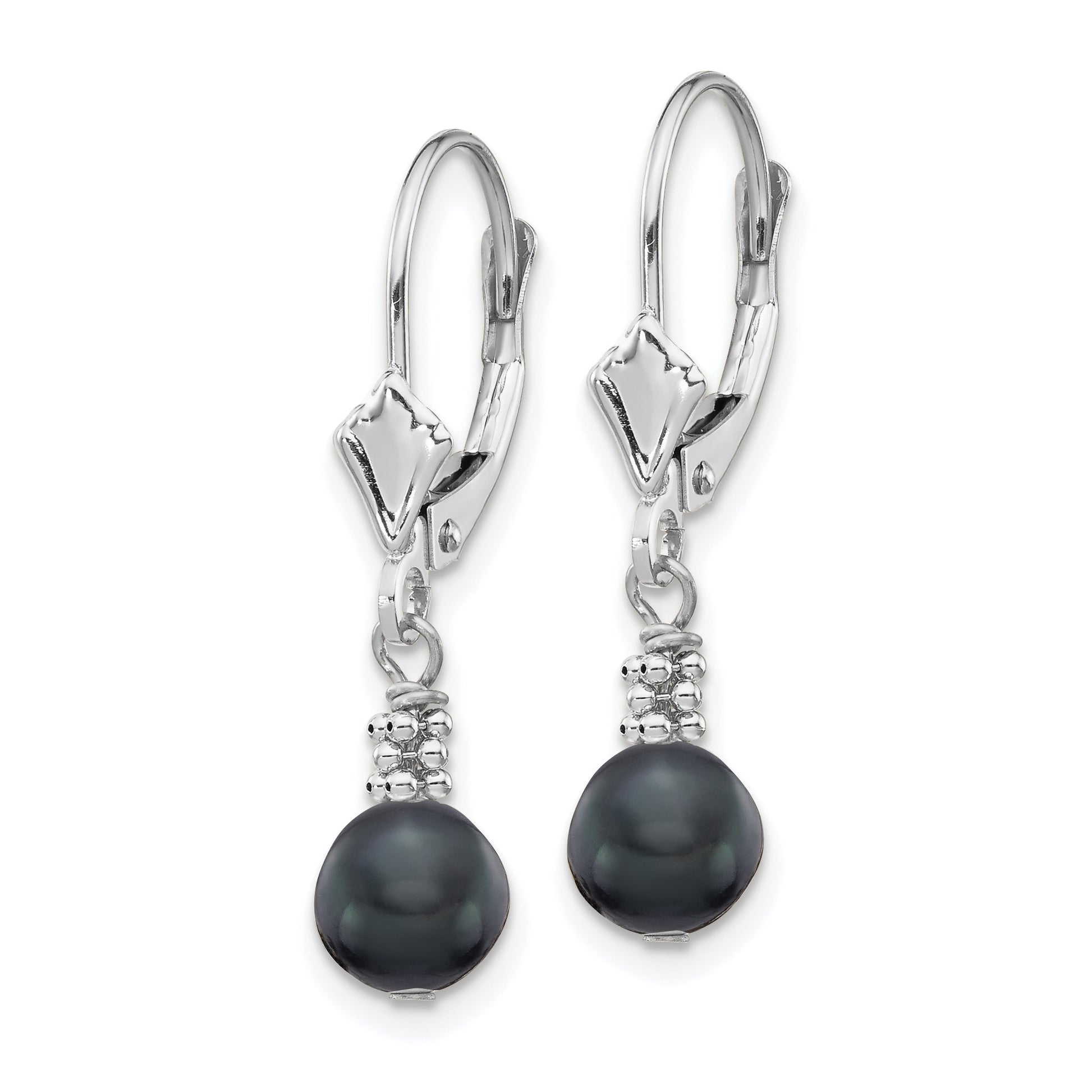 14k White Gold 5-6mm Black Semi-round Freshwater Cultured Pearl Dangle Leverback Earrings