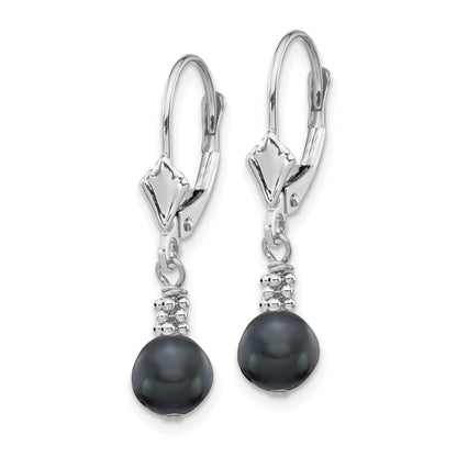 14k White Gold 5-6mm Black Semi-round Freshwater Cultured Pearl Dangle Leverback Earrings