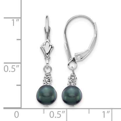 14k White Gold 5-6mm Black Semi-round Freshwater Cultured Pearl Dangle Leverback Earrings